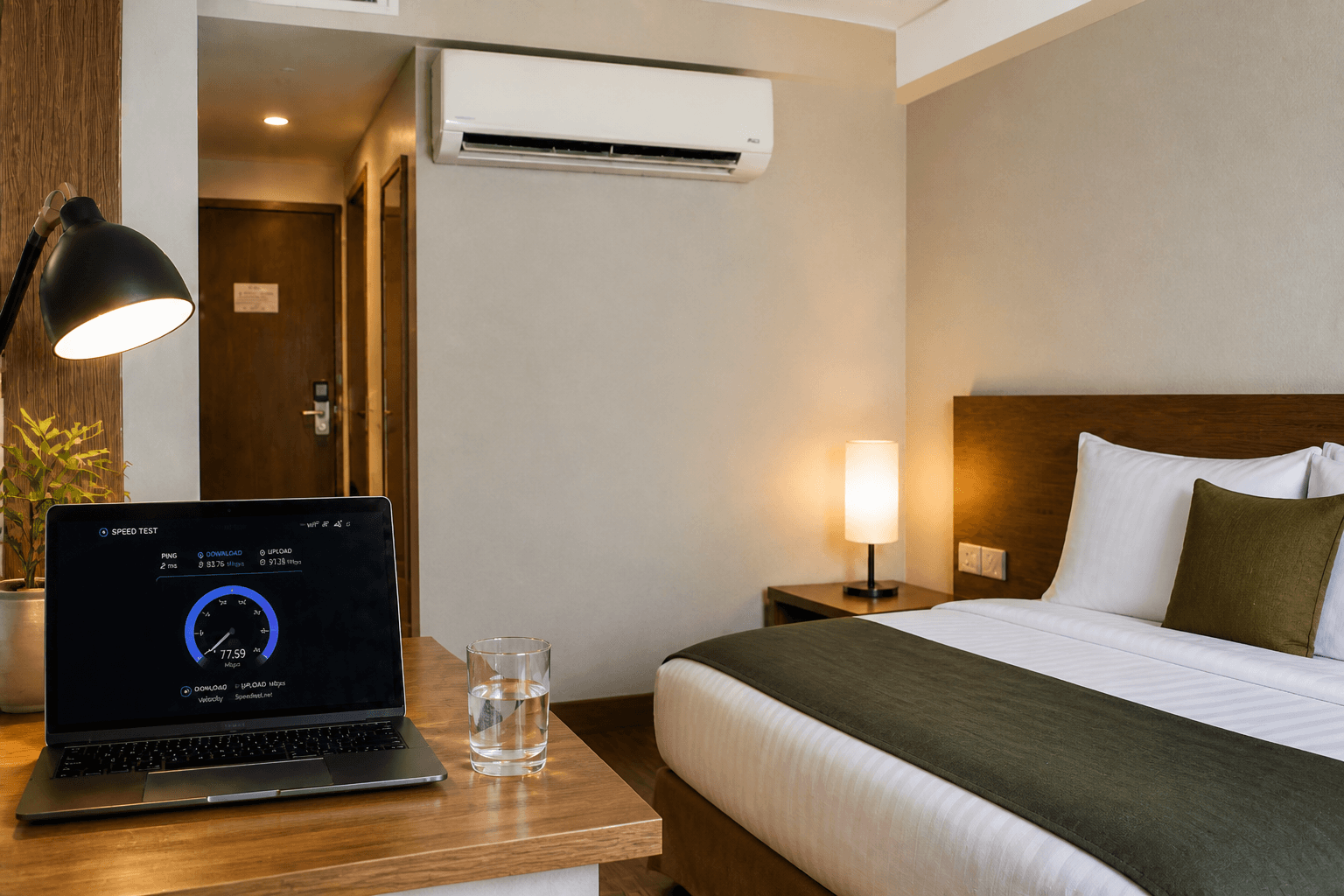 Bilik tetamu dengan penghawa dingin yang berfungsi dan meja kerja dengan Wi-Fi